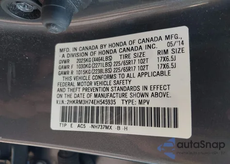 2014 Honda Cr-V Ex-L from USA, damaged, VIN 2HKRM3H74EH545935